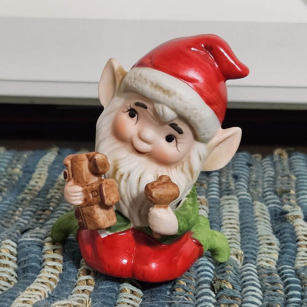 Vintage Christmas Holiday Santa Elf with Train Ceramic Figurine